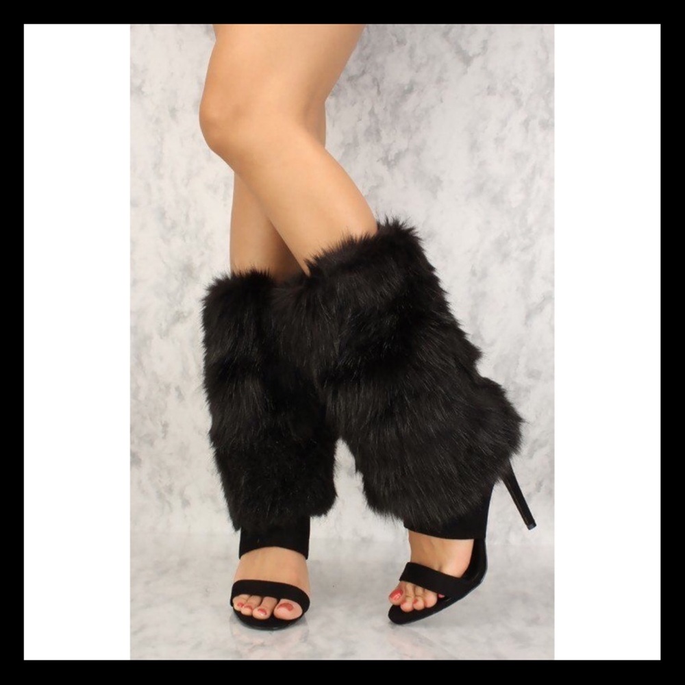 CAPE ROBBIN Black Open Toe Faux Fur Mid Calf Boot. - Picture 3 of 6